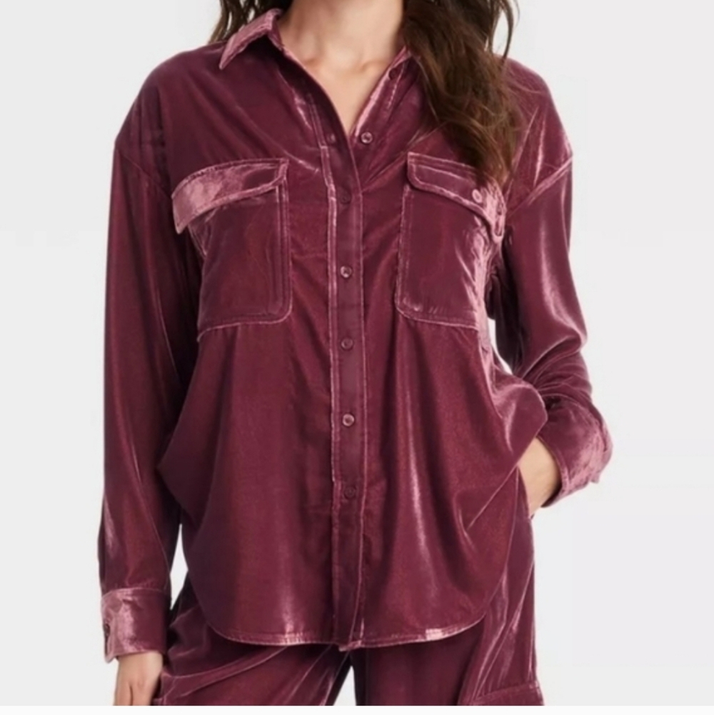 Universal Thread Velvet Button Down Shirt - Burgu… - image 1